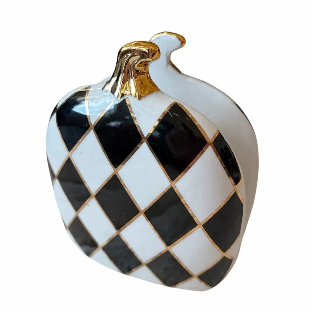 Black & White Harlequin Check Pumpkin Napkin Holder 6in Ceramic Halloween NEW